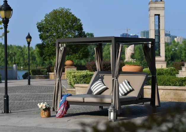 Steel Metal Bed with Canopy and Taupe Cushions