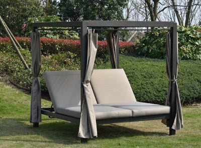 Steel Metal Bed with Canopy and Taupe Cushions