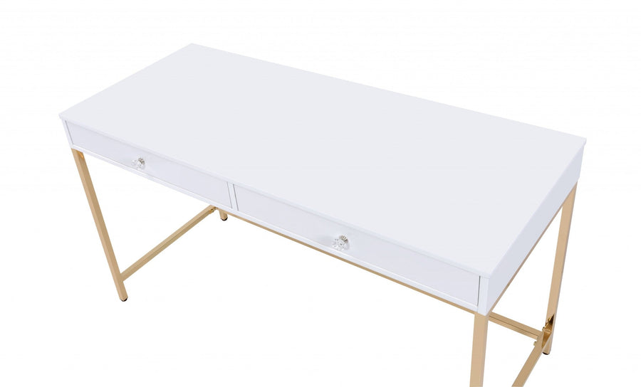 White And Gold Sleek Glossy Writing Desk Home Decoration