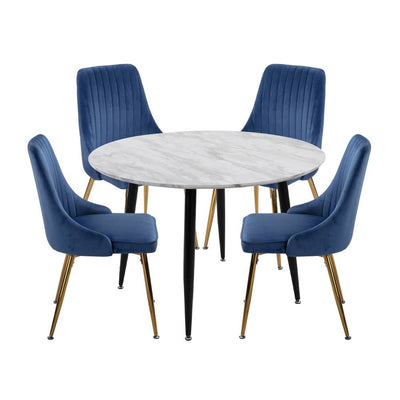 5 Piece Round Marble Style Dining Table and Blue Velvet Chair Set - Privè Home Goods