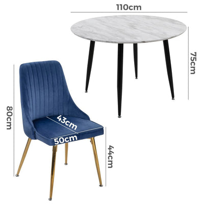 5 Piece Round Marble Style Dining Table and Blue Velvet Chair Set - Privè Home Goods