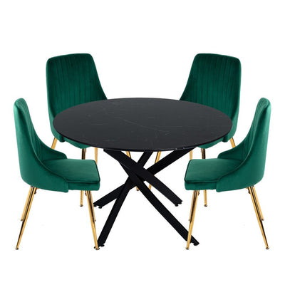 5 Piece Twist Leg Black Dining Table and Green Velvet Chair Set - Privè Home Goods