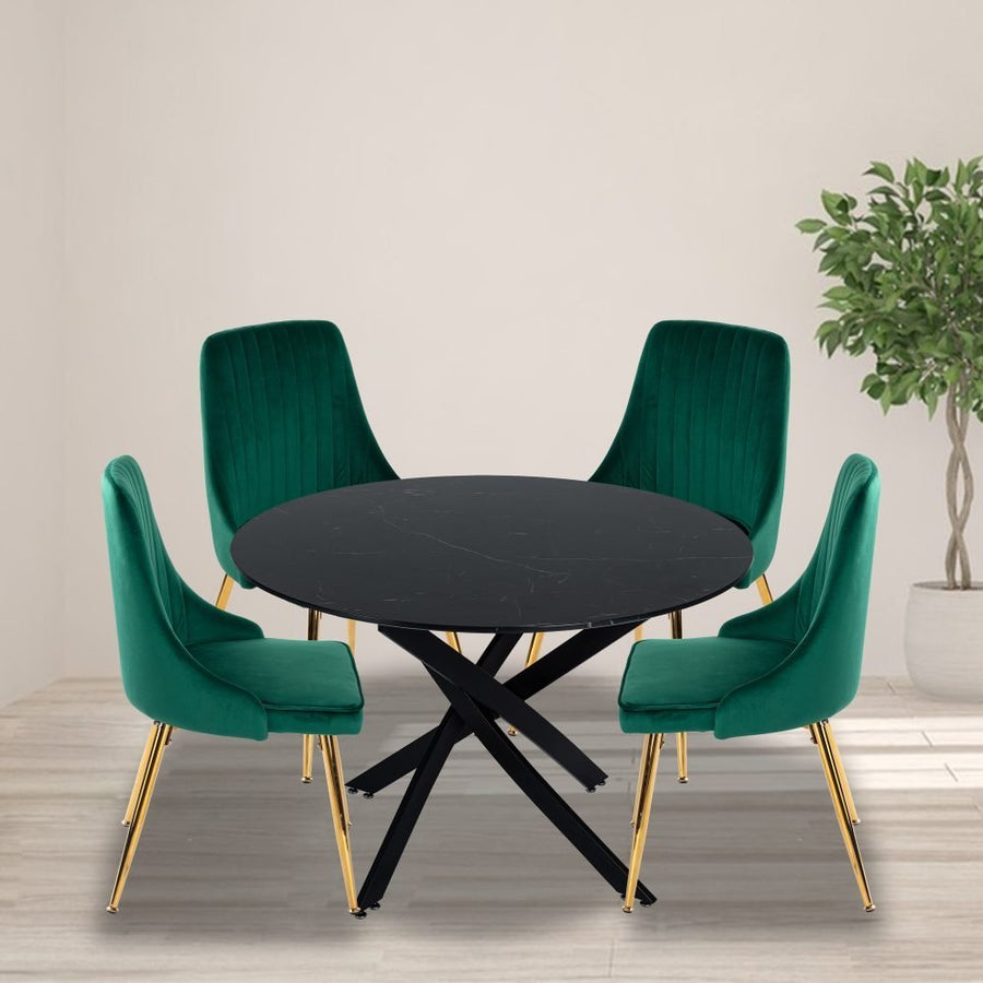 5 Piece Twist Leg Black Dining Table and Green Velvet Chair Set - Privè Home Goods