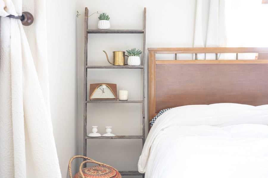 Rustic Weathered Grey Wood Ladder Shelf Home Decoration