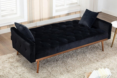 65" Velvet Futon Sofa Bed, Convertible Loveseat Accent Sofa with Two Pillows, Modern Sleeper Sofa Couch Rose Gold Metal Feet for Living Room, Bedroom (Black) - Privè Home Goods