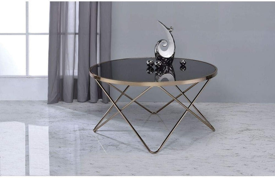 Contemporary round Coffee Table for Living Room with Tempered Glass Top & V Shaped Metal Base, 34" Dia X 18" H (Champagne and Black Glass) - Privè Home Goods