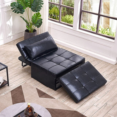 Black Faux Leather Convertible Ottoman Sofa Bed