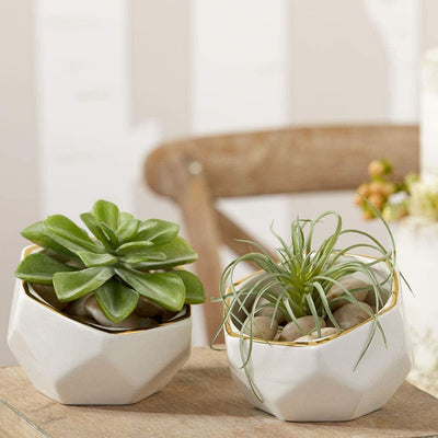 Geometric Ceramic Planters Decorative Bowls, Small & Medium (Set of 2) White - Privè Home Goods