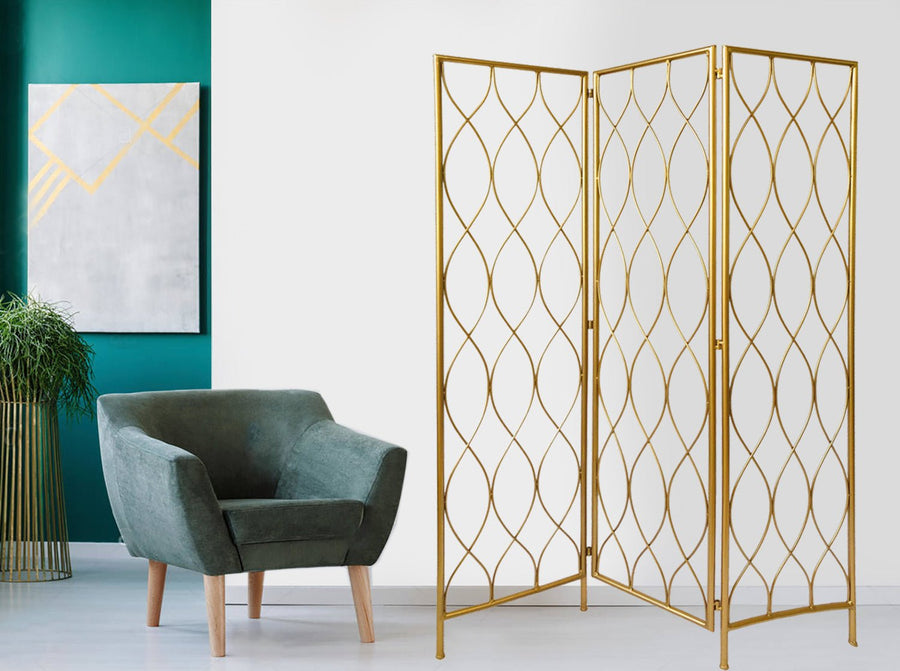 Golden Scroll Three Panel Room Divider Screen For Home Office