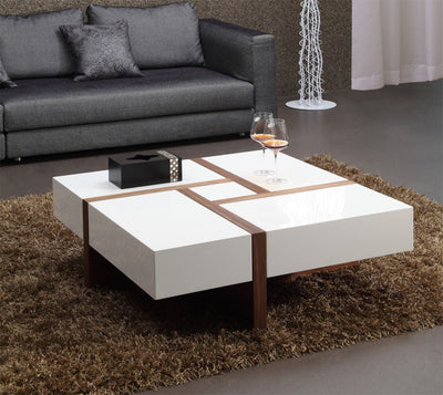 Modern White and Walnut Square Coffee Table with Storage For Home