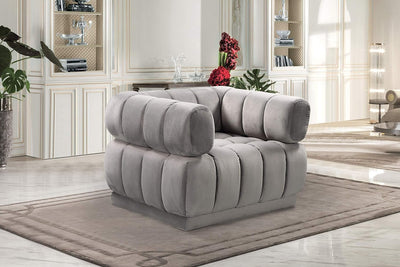 Grey Vertical Channel-Quilted Tufted Shelter Arm Design Chair