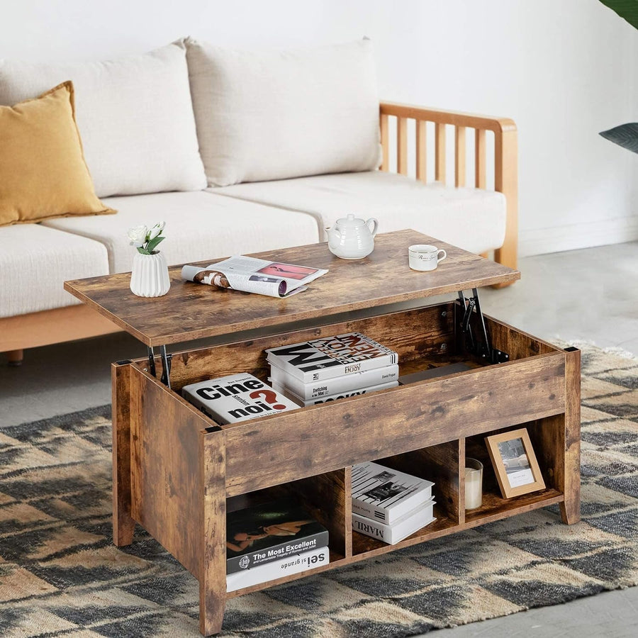 Rustic Brown Lift Storage Coffee Table W/Hidden Compartment
