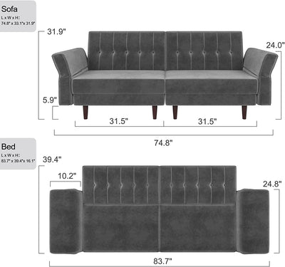 Grey Velvet Convertible Futon Sofa Bed