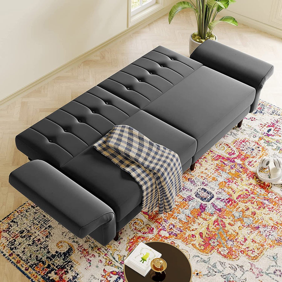 Grey Velvet Convertible Futon Sofa Bed