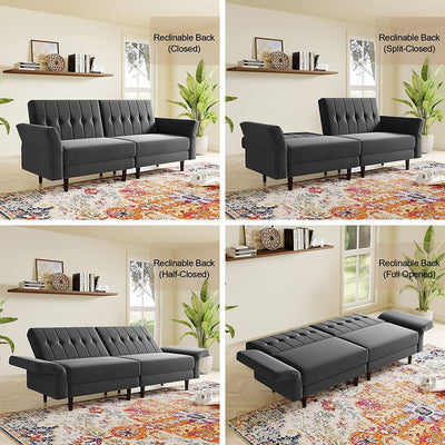 Grey Velvet Convertible Futon Sofa Bed