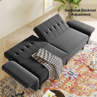 Grey Velvet Convertible Futon Sofa Bed