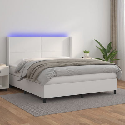 vidaXL Box Spring Bed with Mattress&LED White California King Faux Leather - Privè Home Goods